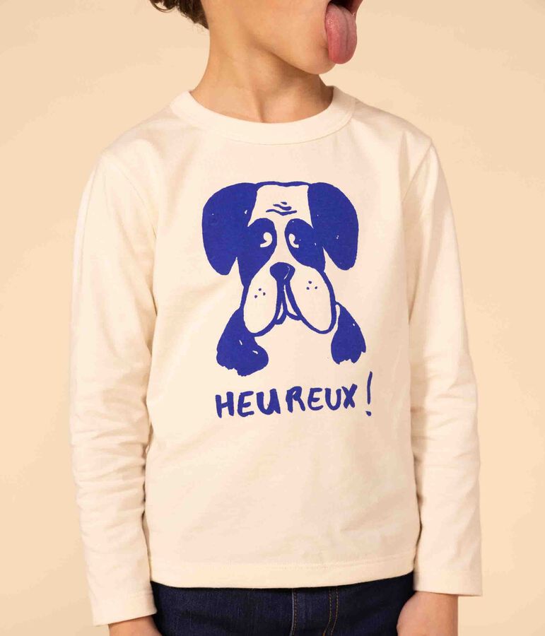 Children's unisex long-sleeved cotton T-shirt Ecru/blue