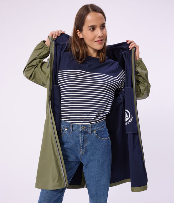 Women's long raincoat in two colours OLIVINE green
