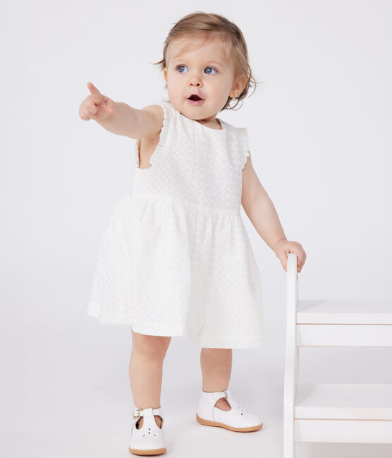 Babies' sleeveless white cotton broderie anglaise dress MARSHMALLOW white