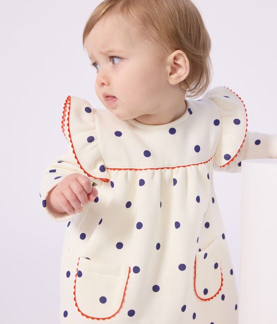 Babies' long sleeved polka dot-print cotton dress MILK blue/SOIR