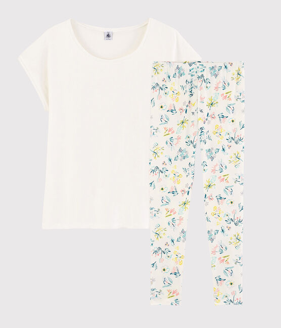 Girls'/Women's Spring Floral Pattern Cotton Pyjamas MARSHMALLOW white/MULTICO white
