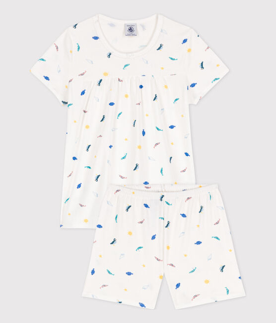 Girls' Sea Animals Short Cotton Pyjamas MARSHMALLOW white/MULTICO white