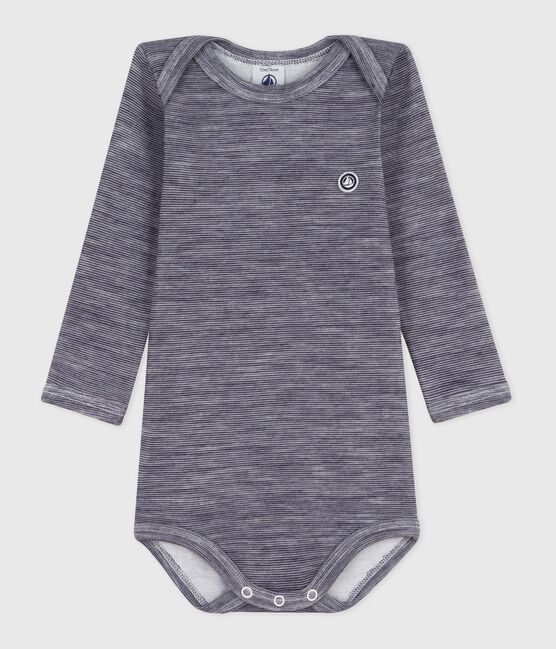 Babies' long-sleeved body in wool and cotton SOIR blue/MARSHMALLOW