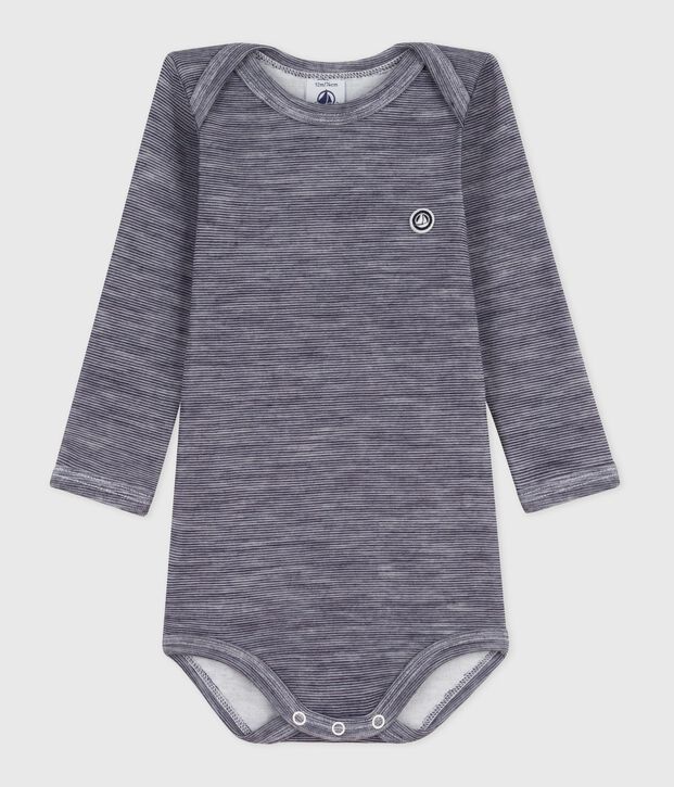 Babies' long-sleeved body in wool and cotton blue/white