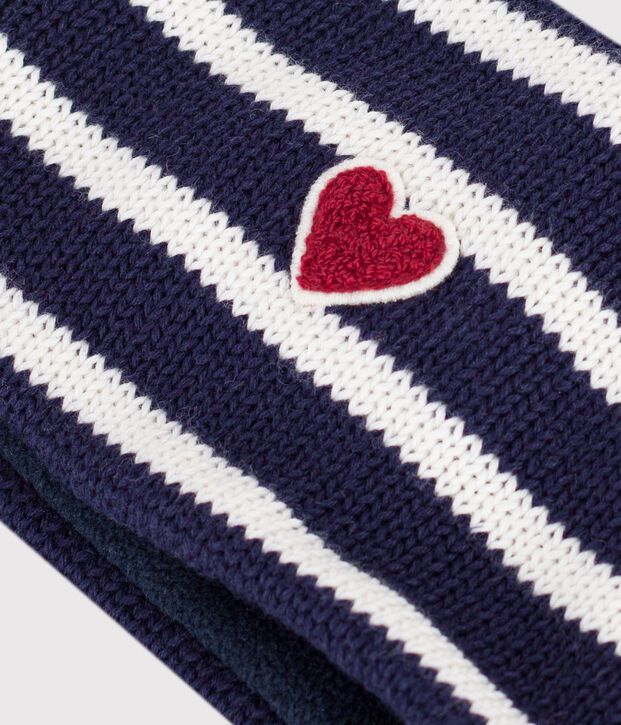 Babies' stripy fleece-lined knitted snood blue/ecru