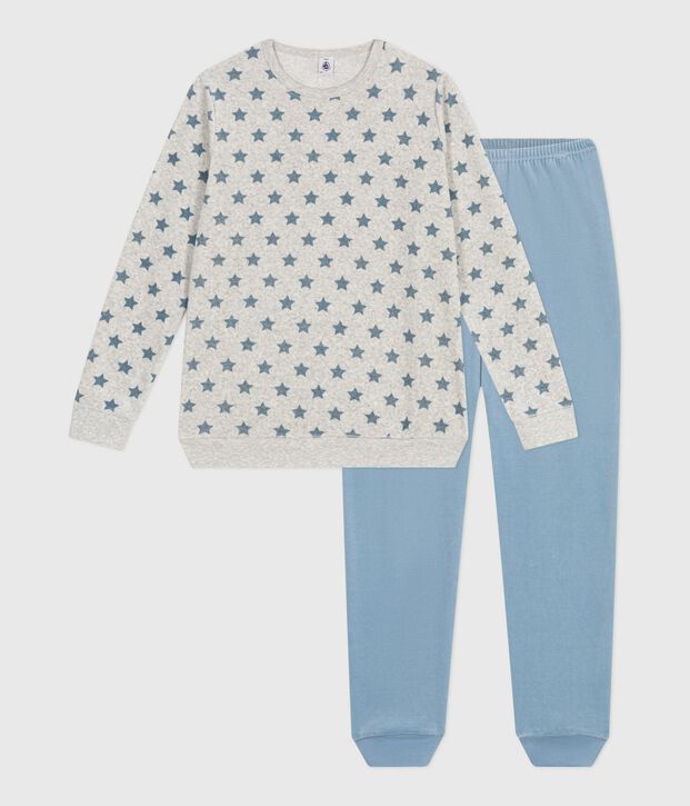 Children's star print velour pyjamas. grey/blue