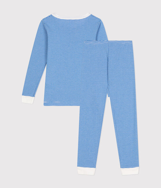 Children's Fitted Stripy Cotton Pyjamas DELPHINIUM /MARSHMALLOW