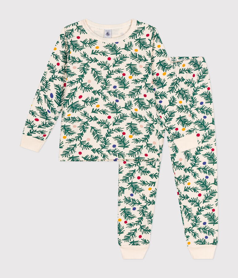 Children's Christmas tree print pyjamas in brushed fleece Ecru/multicolor