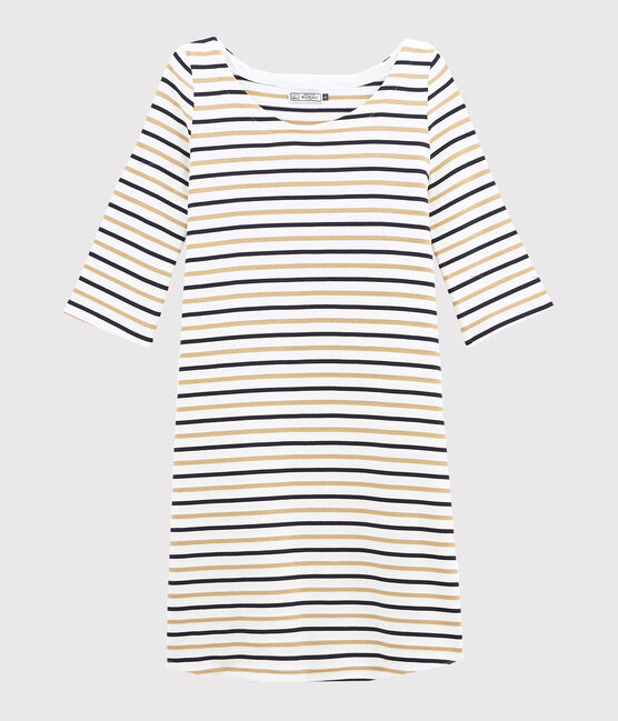 women's flared breton dress in three colour stripes MARSHMALLOW white/SMOKING blue/BRINDILLE DORE