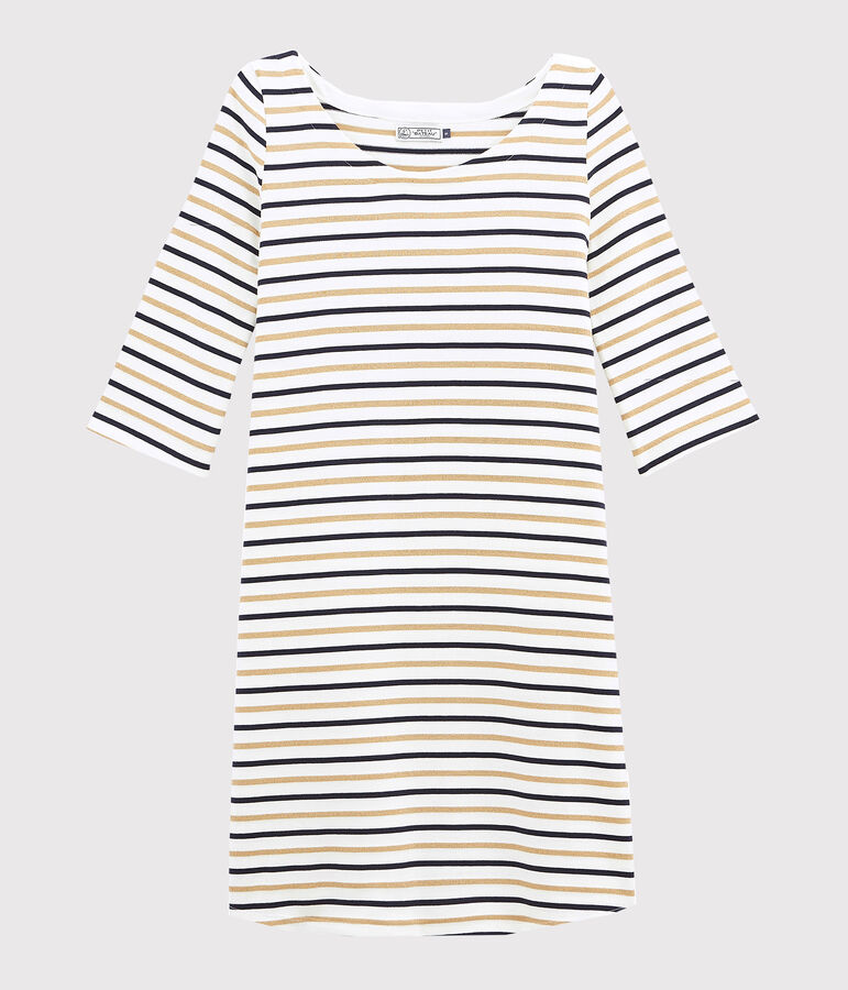 women's flared breton dress in three colour stripes MARSHMALLOW white/SMOKING blue/BRINDILLE DORE