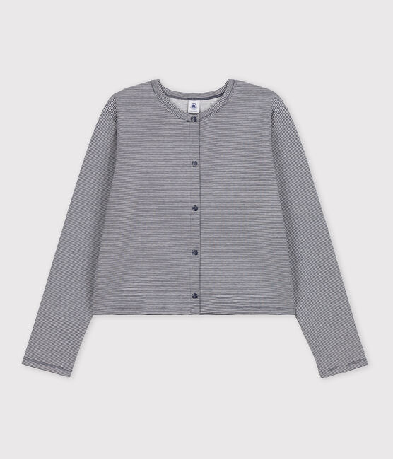 Women's Thick Cotton Poppered Cardigan SMOKING blue/MARSHMALLOW white