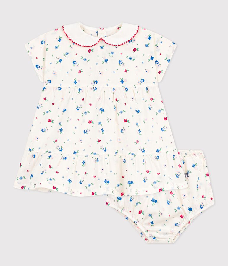 Babies' short-sleeved cotton dress and matching bloomers printed with hearts MARSHMALLOW white/MULTICO white