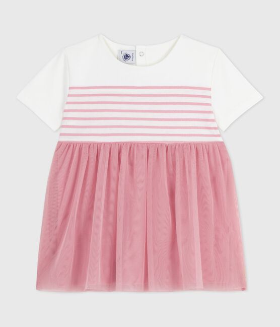 Babies' short-sleeved cotton and tulle dress with a stripy top MARSHMALLOW white/CHARME pink