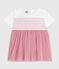 Babies' short-sleeved cotton and tulle dress with a stripy top MARSHMALLOW white/CHARME pink