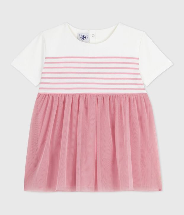 Babies' short-sleeved cotton and tulle dress with a stripy top white/pink