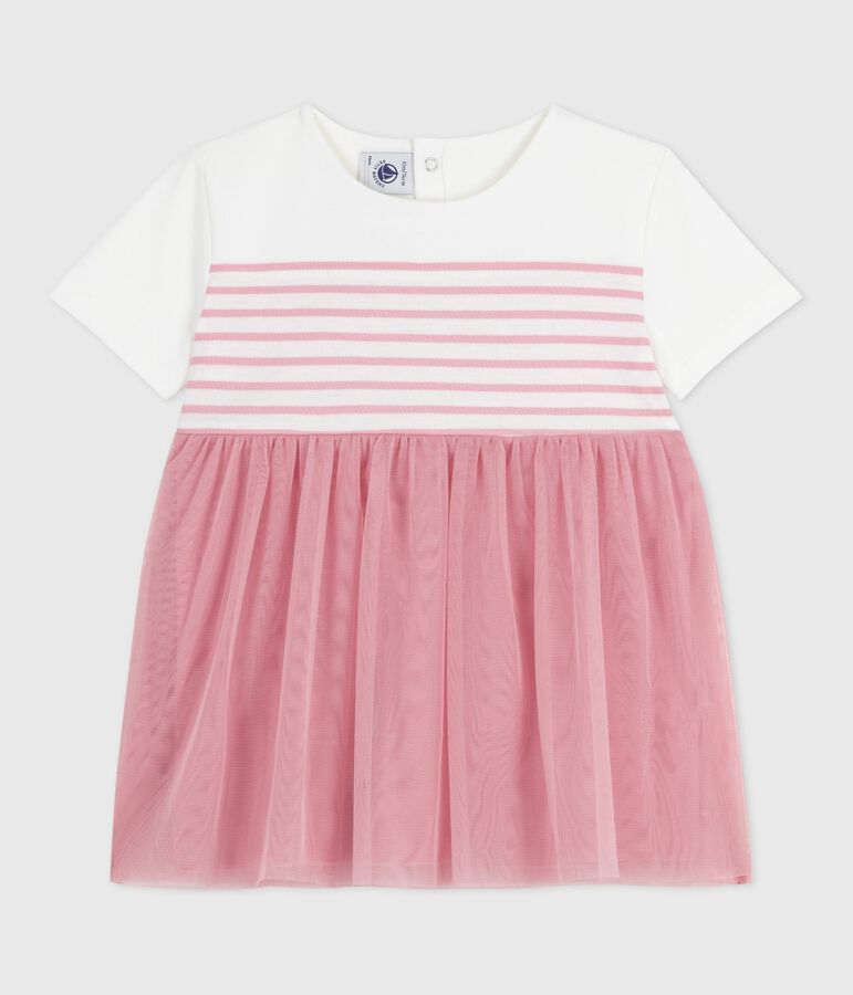 Babies' short-sleeved cotton and tulle dress with a stripy top white/pink