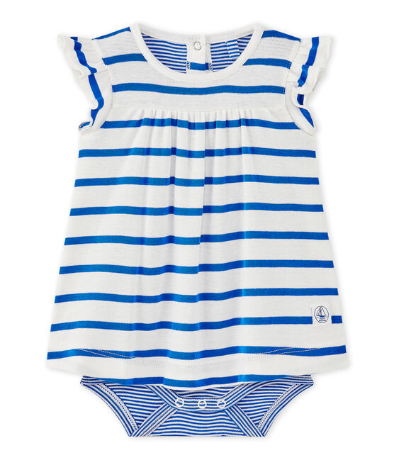 Baby girls' striped bodysuit dress MARSHMALLOW white/PERSE blue