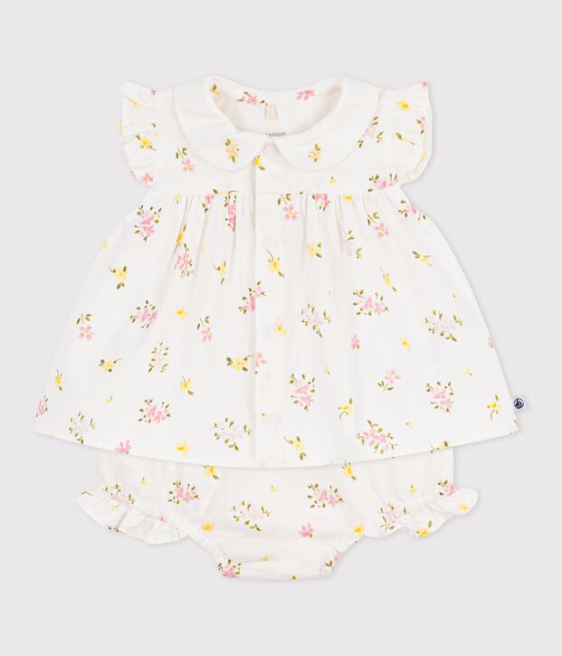 Babies' 2-piece cotton outfit, comprising  blouse and bloomers with a floral print white/multicolor