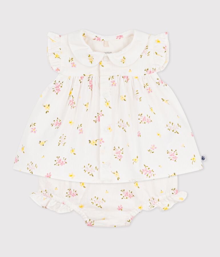 Babies' 2-piece cotton outfit, comprising  blouse and bloomers with a floral print MARSHMALLOW white/MULTICO white