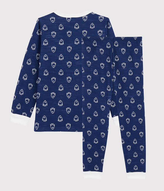 Boys' Yeti Patterned Wool/Cotton Pyjamas MEDIEVAL blue/MARSHMALLOW white