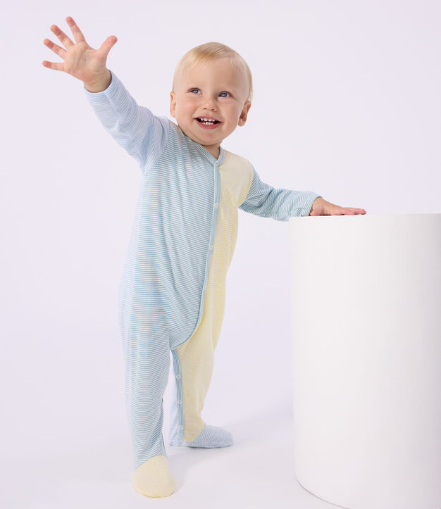 Babies' stripy printed cotton pyjama suit blue/white