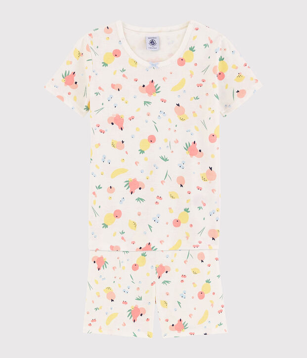 Girls' Snugfit Summer Fruit Pattern Organic Cotton Short Pyjamas white/multicolor