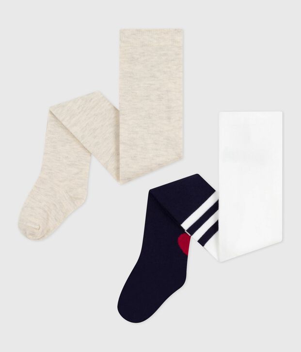 Pack of 2 pairs of openwork cotton heart pattern tights for babies blue/beige