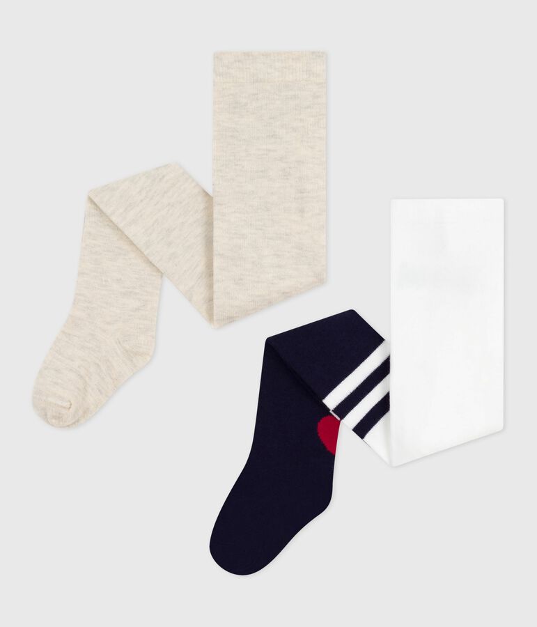 Pack of 2 pairs of openwork cotton heart pattern tights for babies blue/beige