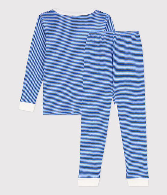 Children's Unisex Stripy Snugfit Cotton Pyjamas PERSE blue/MARSHMALLOW white