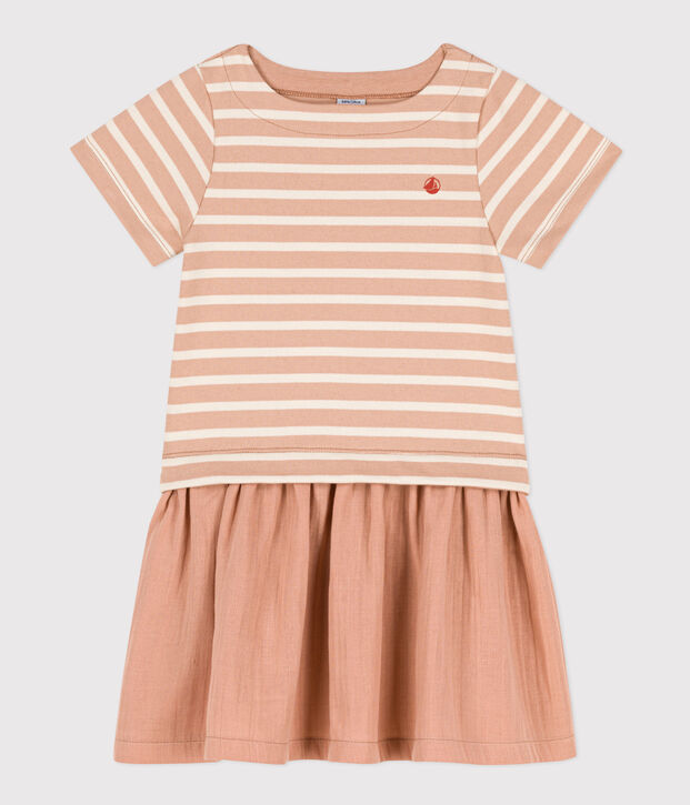 Girls' Short-Sleeved Dual-Material Dress beige/ecru