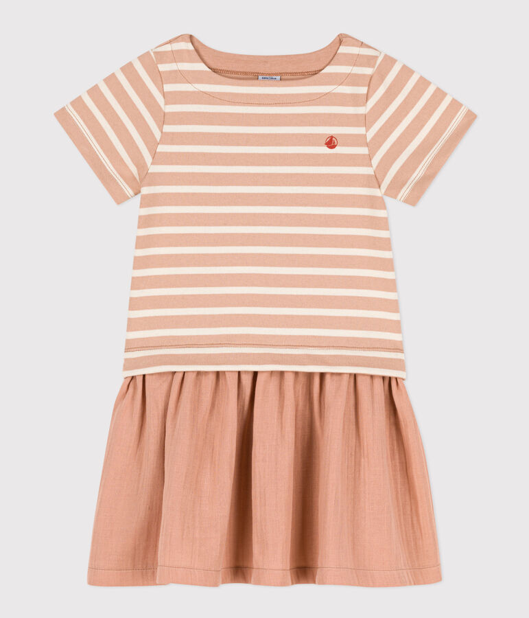 Girls' Short-Sleeved Dual-Material Dress beige/ecru
