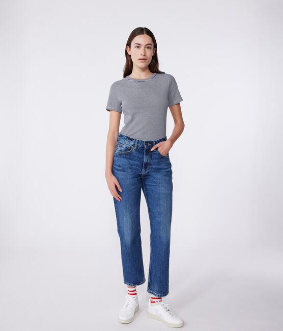 Women's stripy rib knit short-sleeved Iconic T-shirt SMOKING blue/MARSHMALLOW white