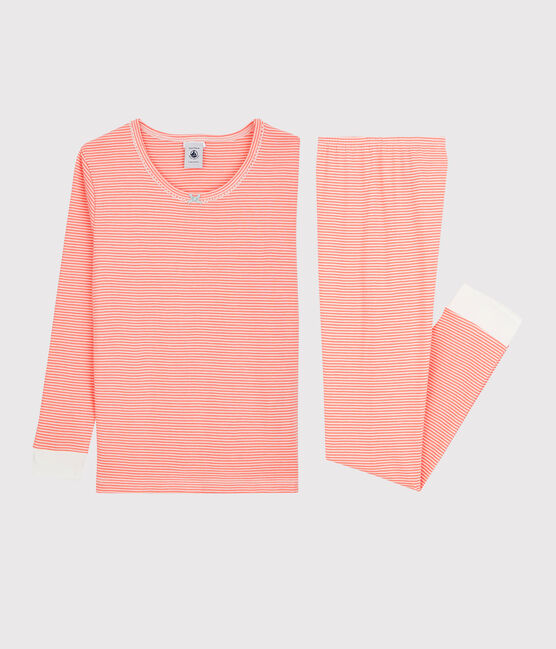Girls' Snugfit Pinstriped Cotton Pyjamas PEACHY pink/MARSHMALLOW white