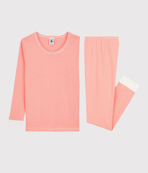 Girls' Snugfit Pinstriped Cotton Pyjamas orange/white