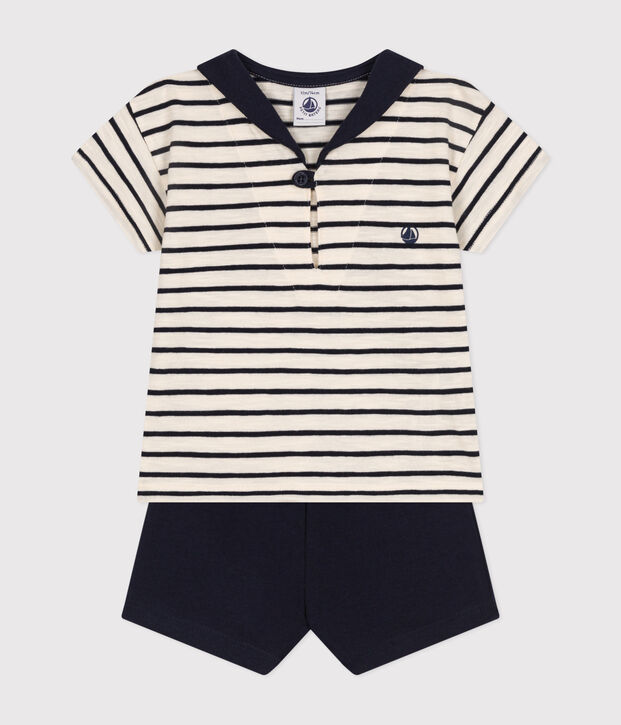 Babies' Jersey T-shirt and Shorts Set Ecru/blue