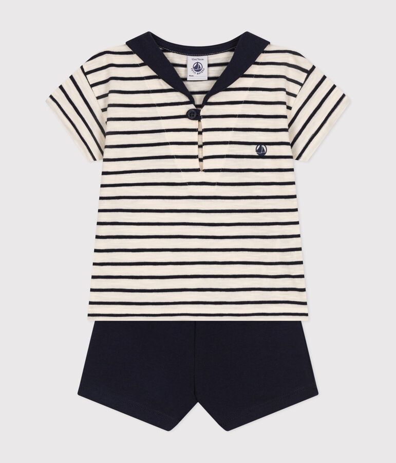 Babies' Jersey T-shirt and Shorts Set Ecru/blue