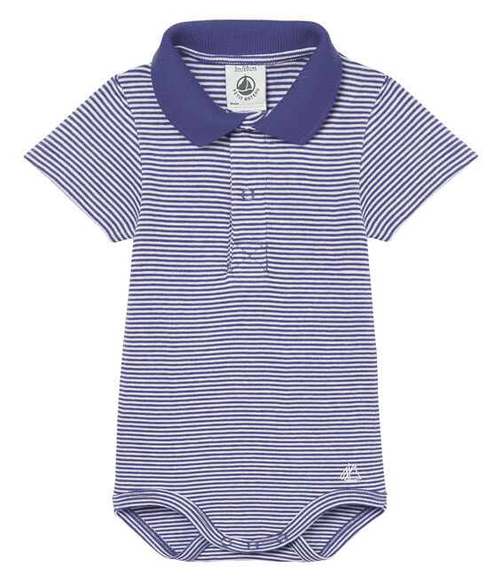 Baby boys' mc pinstriped bodysuit with polo shirt collar RIYADH blue/MARSHMALLOW white