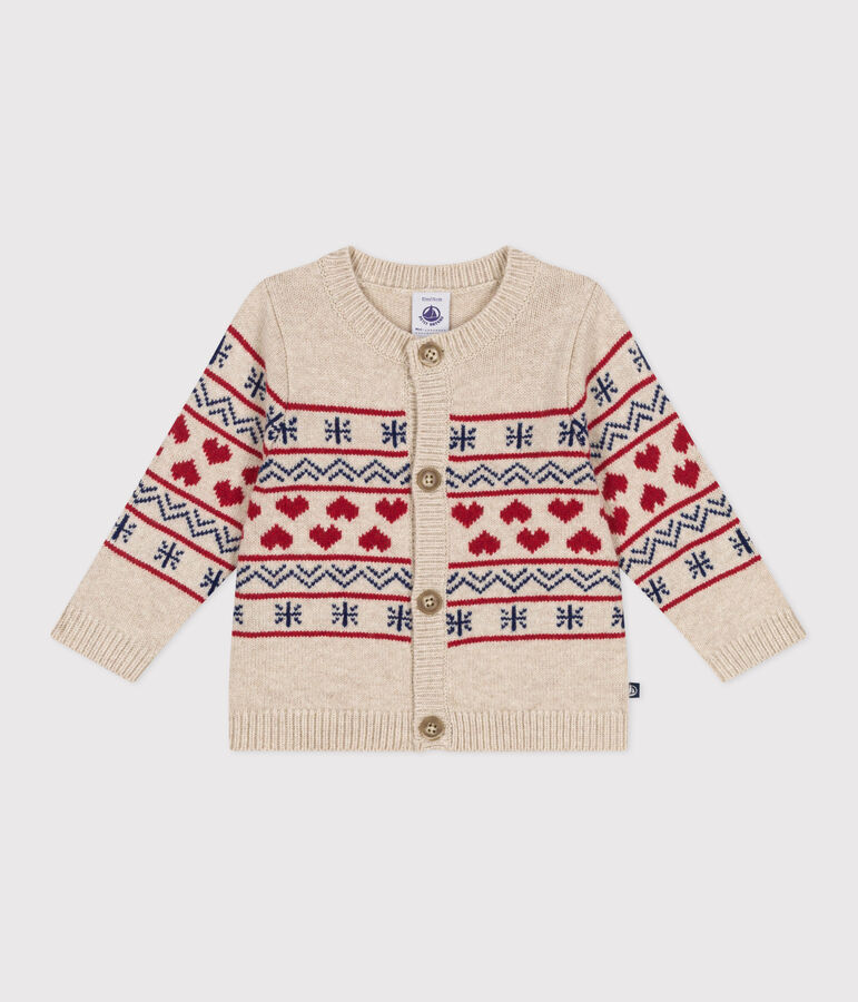 Babies' knitted cardigan with a wool content Ecru/multicolor