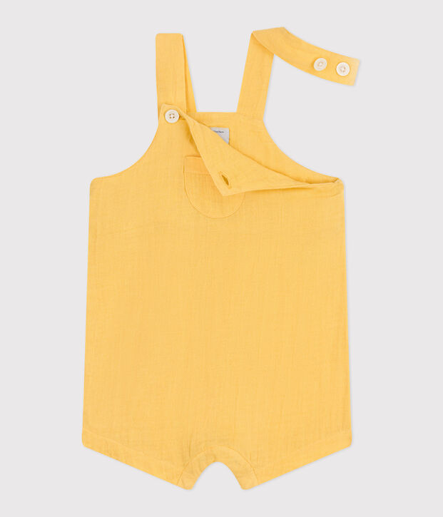 Babies' short-legged plain cotton gauze dungarees yellow
