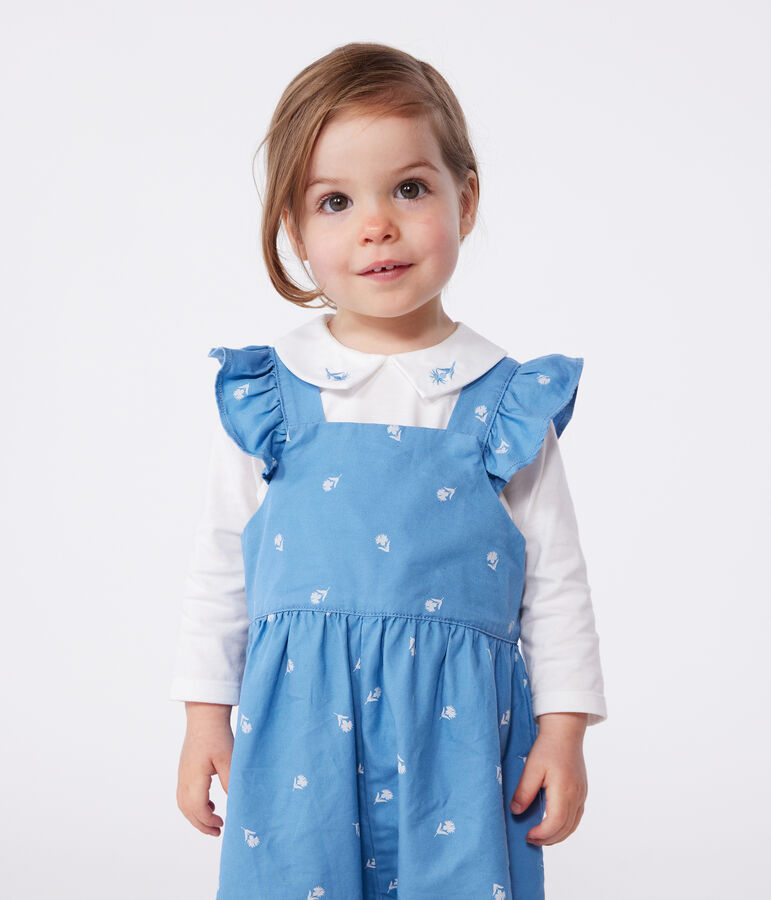 Babies' long cotton dungarees, embroidered with flowers blue/white