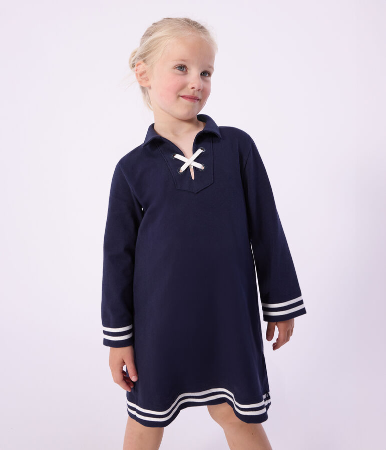 Children's long-sleeved plain cotton dress blue