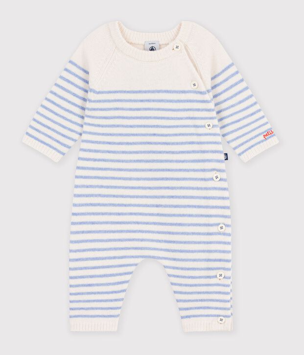 Babies' stripy wool and cotton knit playsuit blue/blue