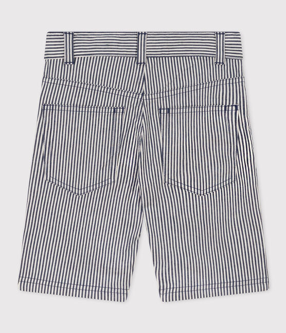 Boys' Stripy Cotton Bermuda Shorts MEDIEVAL blue/MARSHMALLOW white