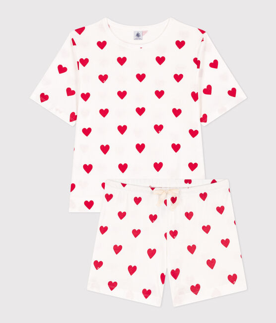 Women's Heart Themed Cotton Short Pyjamas MARSHMALLOW white/TERKUIT red