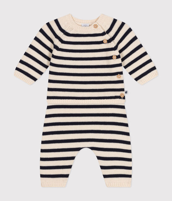 Babies' Wool/Cotton Knit Sailor Striped Clothing - 2-Piece Set AVALANCHE white/SMOKING blue