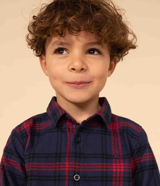 Boys' checked cotton flannel shirt SMOKING blue/MULTICO white