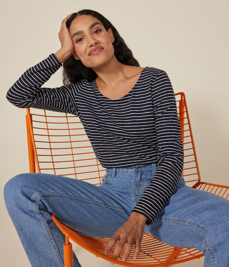 Women's Straight long-sleeved scoop neck T-shirt in slub jersey. blue/beige