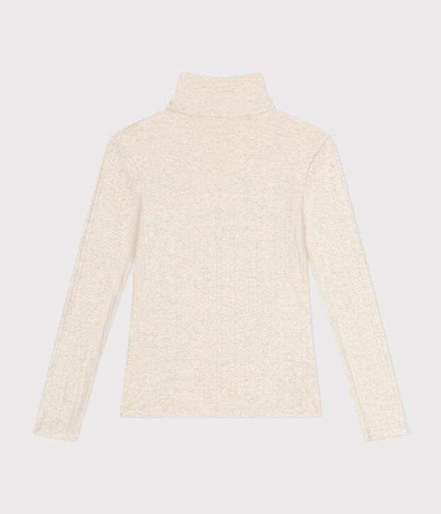 Women's iconic roll neck T-shirt in decorative rib knit beige