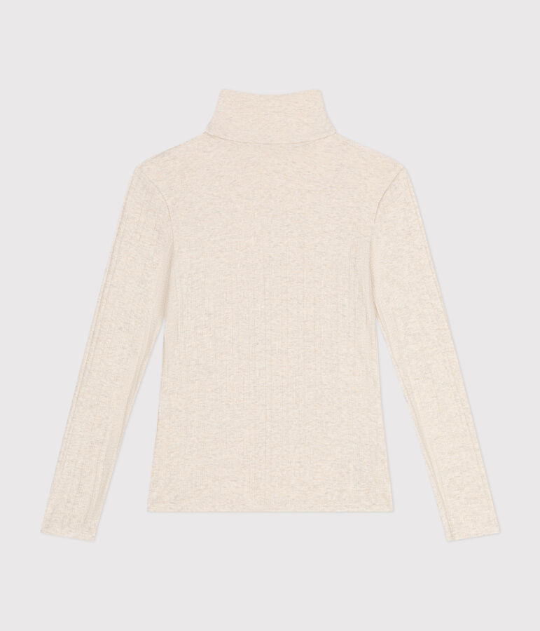 Women's iconic roll neck T-shirt in decorative rib knit beige
