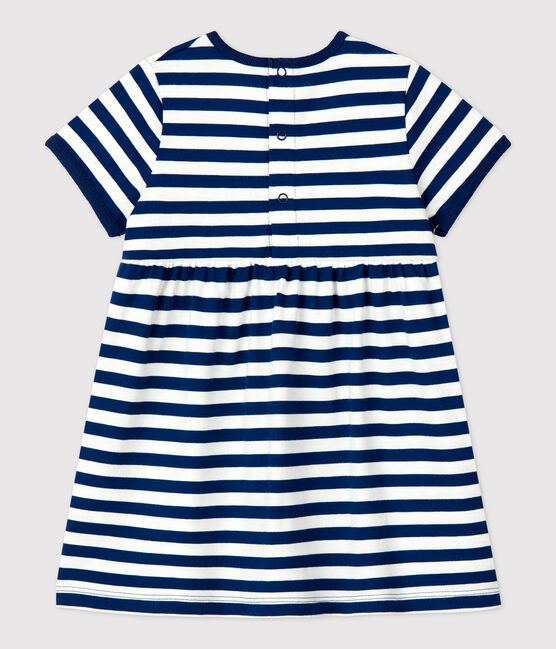 Babies' Short-Sleeved Striped Jersey Dress MEDIEVAL blue/MARSHMALLOW white
